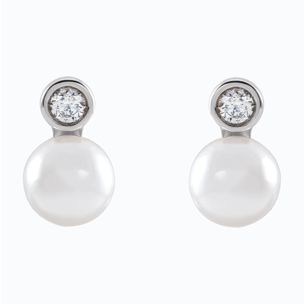 Natural Diamond Accented Cultured Akoya Pearl Stud Earring, 14k White Gold